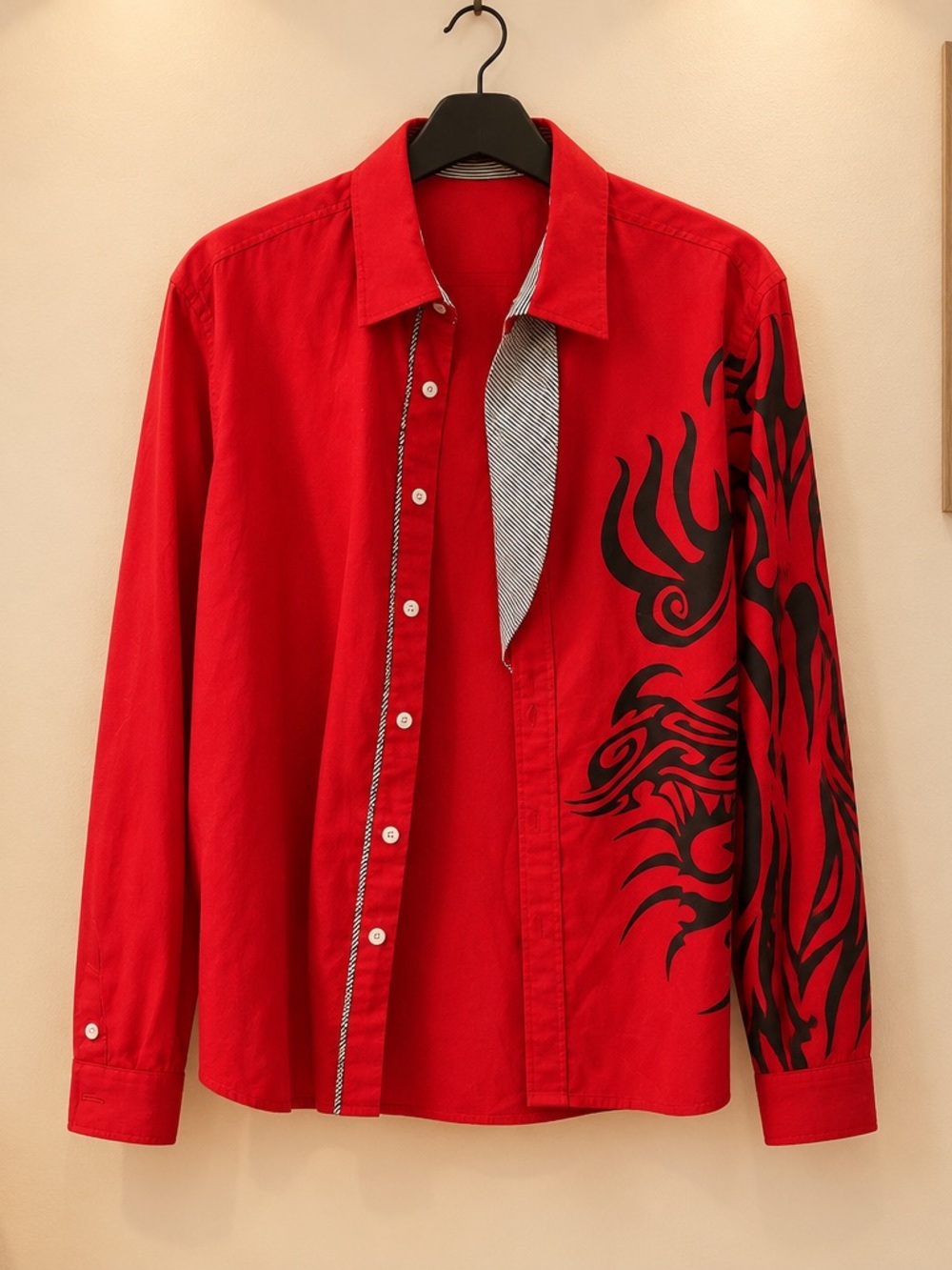 Men's Red Button-Down Shirt Jacket with Black Tribal Sleeve Print